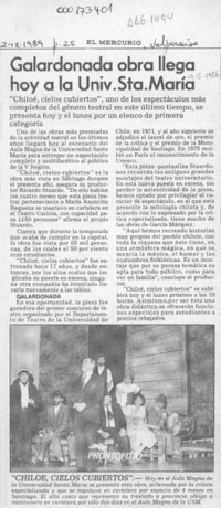 Galardonada obra llega hoy a la Univ. Sta. María  [artículo].