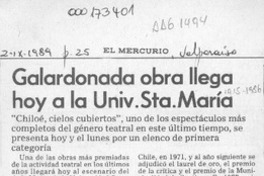 Galardonada obra llega hoy a la Univ. Sta. María  [artículo].