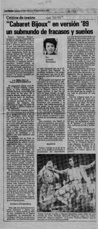 "Cabaret Bijoux" en versión '89 un submundo de fracasos y sueños  [artículo] Yolanda Montecinos.