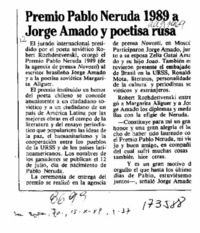 Premio Pablo Neruda 1989 a Jorge Amado y poetisa rusa  [artículo].