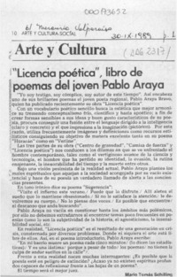 "Licencia poética", libro de poemas del joven Pablo Araya  [artículo] Mario Tomás Schilling.