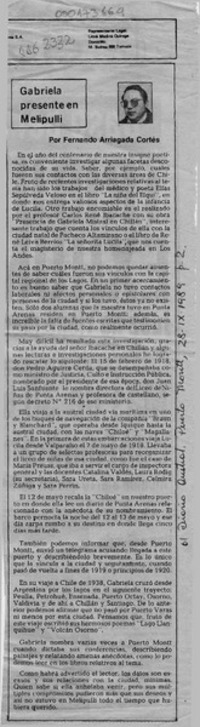 Gabriela presente en Melipulli  [artículo] Fernando Arriagada Cortés.