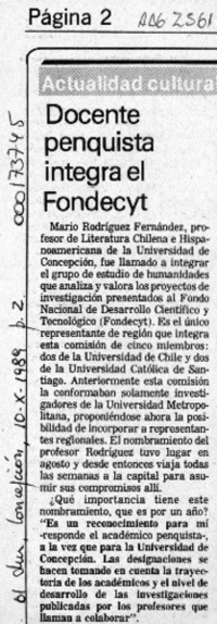 Docente penquista integra el Fondecyt  [artículo].