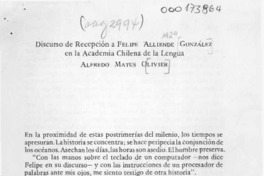 Discurso de recepción a Felipe Alliende González en la Academia Chilena de la Lengua  [artículo] Alfredo Matus Olivier.