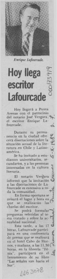 Hoy llega escritor Lafourcade  [artículo].