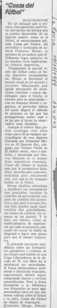 "Cosas del fútbol"  [artículo] Hugo Marcone.