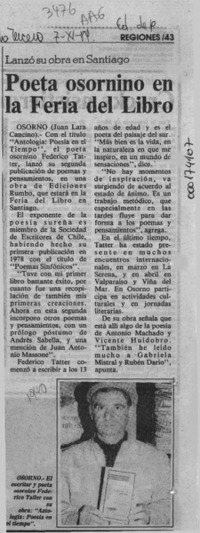 Poeta osornino en la Feria del Libro  [artículo] Juan Lara Cancino.