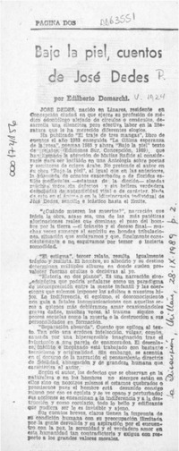 Bajo la piel, cuentos de José Dedes  [artículo] Edilberto Domarchi.