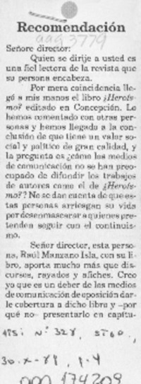 Recomendación  [artículo] María Carrasco W.