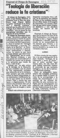"Teología de la liberación reduce la fe cristiana"  [artículo].