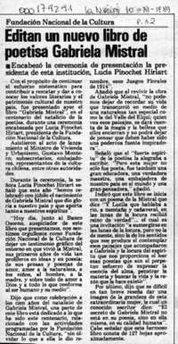 Editan un nuevo libro de poetisa Gabriela Mistral  [artículo].