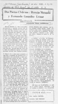 Dos poetas chilenos, Hernán Miranda y Fernando González Urízar  [artículo] Wellington Rojas Valdebenito.