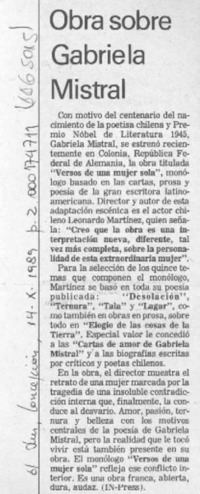 Obra sobre Gabriela Mistral  [artículo].