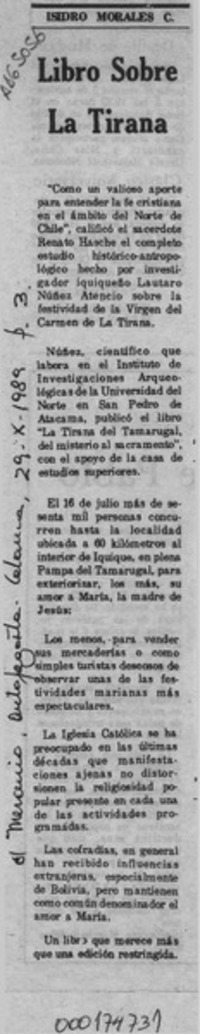 Libro sobre La Tirana  [artículo] Isidro Morales C.
