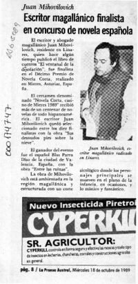 Escritor magallánico finalista en concurso de novela española  [artículo].