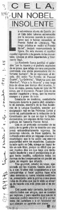 Cela un Nobel insolente  [artículo] B. J.