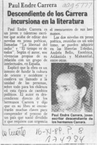 Descendiente de los Carrera incursiona en la literatura  [artículo].