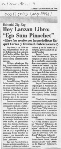 Hoy lanzan libro "Ego sum Pinochet"  [artículo].
