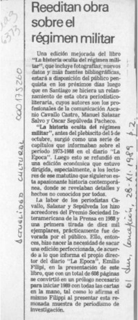 Reeditan obra sobre el régimen militar  [artículo].