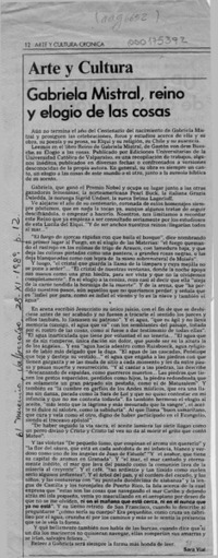 Gabriela Mistral, "Reino" y elogio de las cosas  [artículo] Sara Vial.