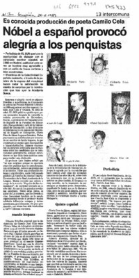 Nobel a español provocó alegría a los penquistas  [artículo].