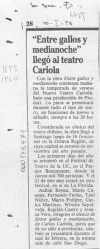 "Entre gallos y medianoche" llegó al teatro Cariola  [artículo].