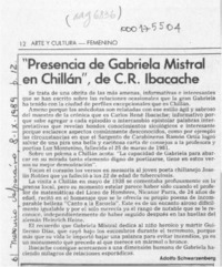 "Presencia de Gabriela Mistral en Chillán", de C. R. Ibacache  [artículo] Adolfo Schwarzenberg.
