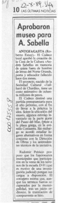Aprobaron museo para A. Sabella  [artículo] Roberto Estay.