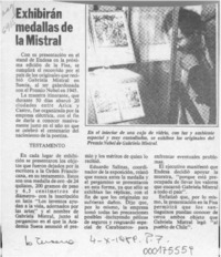 Exhibirán medallas de la Mistral  [artículo].