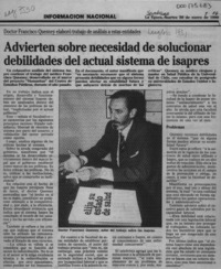 Advierten sobre necesidad de solucionar debilidades del actual sistema de Isapres  [artículo].