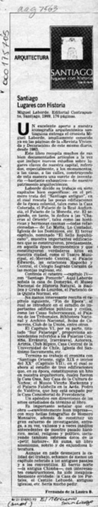 Santiago, lugares con historia  [artículo] Fernando de la Lastra B.