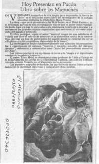 Hoy presentan en Pucón libro sobre los mapuches  [artículo].