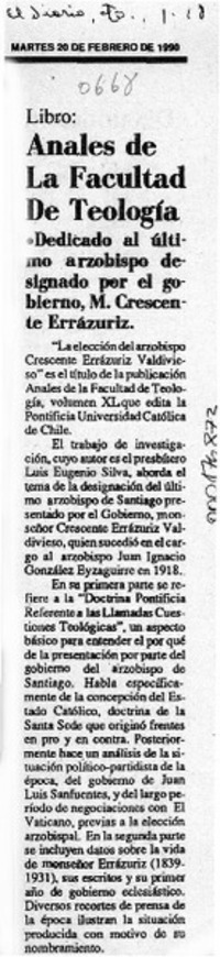 Anales de la facultad de Teología  [artículo].