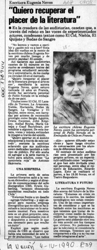 Escritora Eugenia Neves, "Quiero recuperar el placer de la literatura"  [artículo].