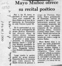 Mayo Muñoz ofrece su recital poético  [artículo].