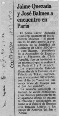 Jaime Quezada y José Balmes a encuentro en París  [artículo].