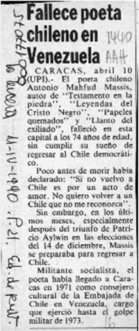 Fallece poeta chileno en Venezuela  [artículo].