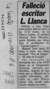 Falleció escritor L. Llanca  [artículo].