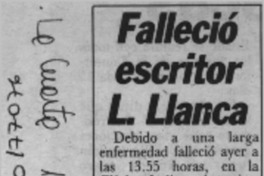 Falleció escritor L. Llanca  [artículo].