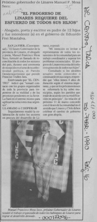 "El Progreso de Linares requiere del esfuerzo de todos sus hijos"  [artículo].
