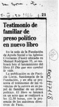 Testimonio de familiar de preso político en nuevo libro  [artículo].