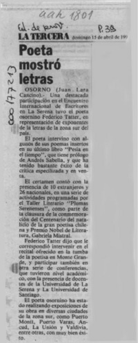 Poeta mostró letras  [artículo] Juan Lara Cancino.