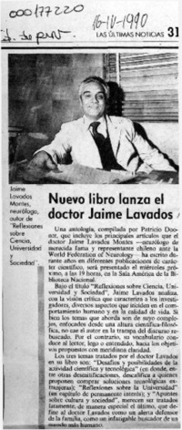 Nuevo libro lanza el doctor Jaime Lavados  [artículo].