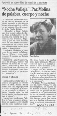 "Noche Valleja", Paz Molina de palabra, cuerpo y noche  [artículo].