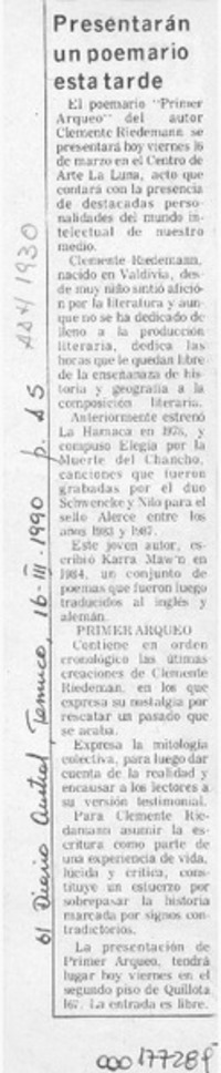 Presentarán un poemario esta tarde  [artículo].