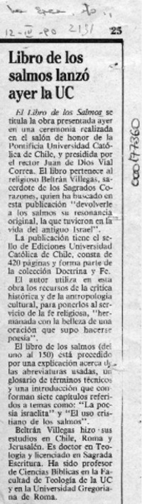 Libro de los salmos lanzó ayer la UC  [artículo].