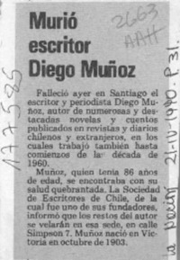 Murió escritor Diego Muñoz  [artículo].