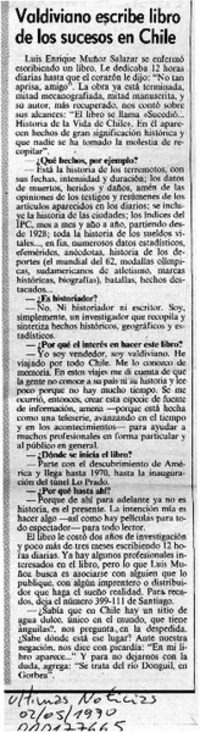 Valdiviano escribe libro de los sucesos en Chile  [artículo].