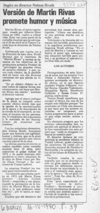 Versión de Martín Rivas promete humor y música  [artículo].