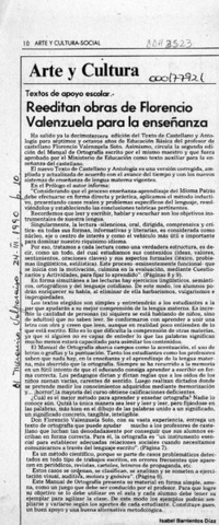 Reeditan obras de Florencio Valenzuela para la enseñanza  [artículo] Isabel Barrientos Díaz.